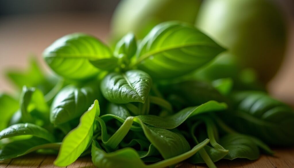 A macro photograph focusing on the fine, thin ribbons of freshly cut basil produced by the delicate chiffonade technique on a dark wood board.