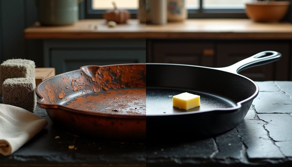 A horizontally split photo showing a deeply rusted cast iron skillet on the left ("Before") and the same skillet with a smooth, black, non-stick patina on the right ("After").