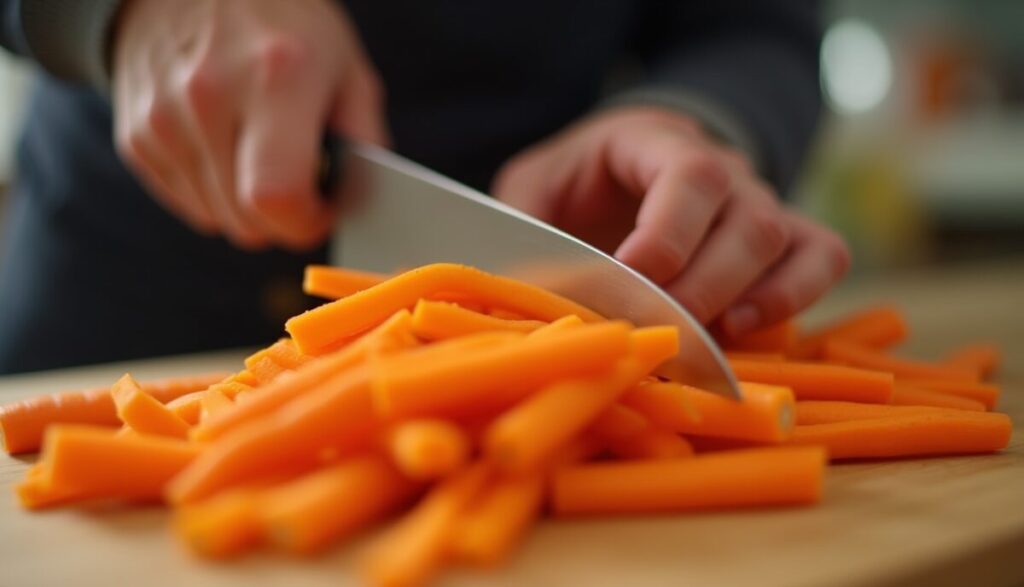 A close-up shot of a hand using the rocking motion cut with a chef's knife on a pile of carrots, demonstrating proper form and efficiency.