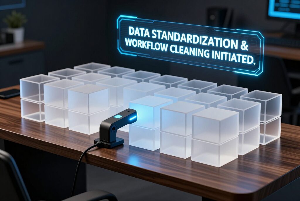 A sophisticated photorealistic 3D visualization of frosted data cubes on a walnut desk with an illuminated holographic scanner and the text 'DATA STANDARDIZATION & WORKFLOW CLEANING INITIATED'.