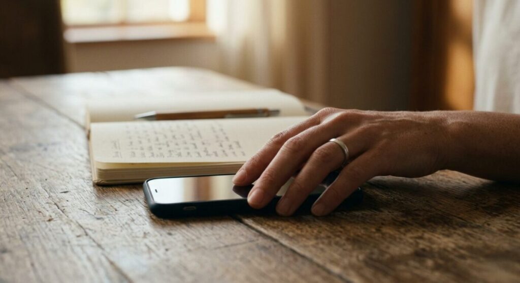 A wide-angle, cinematic 16:9 close-up view of a woman's hand gently guiding a black-screen smartphone face-down on a textured, worn wooden table. The phone rests next to an open, cream-colored paper journal with visible handwritten text and a wooden pen, bathed in soft, natural morning light.