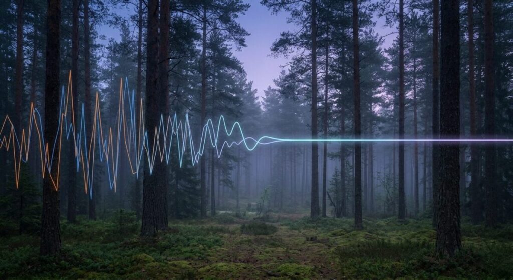 A wide photograph of a Scandinavian forest with a graphic of sound waves. The wave is frantic and jagged on the left and smooths out to a perfect flat line on the right, visualizing the science of quiet travel and silent tourism for brain health.