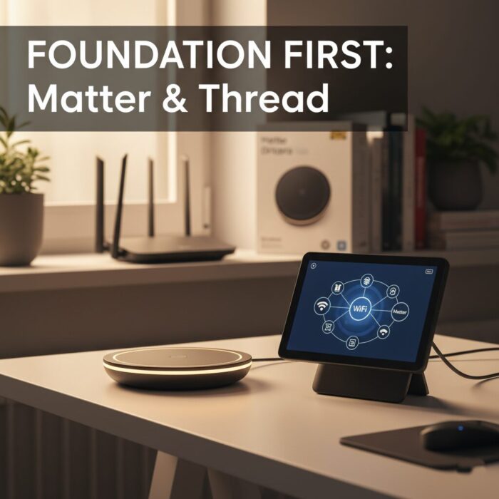 A close-up, high-tech desk setup showing a Thread border router and a small smart display. The screen displays a glowing diagram illustrating network connectivity between Wi-Fi, Matter, and Thread devices. In the background, a router sits near a window, emphasizing a solid home network foundation.
