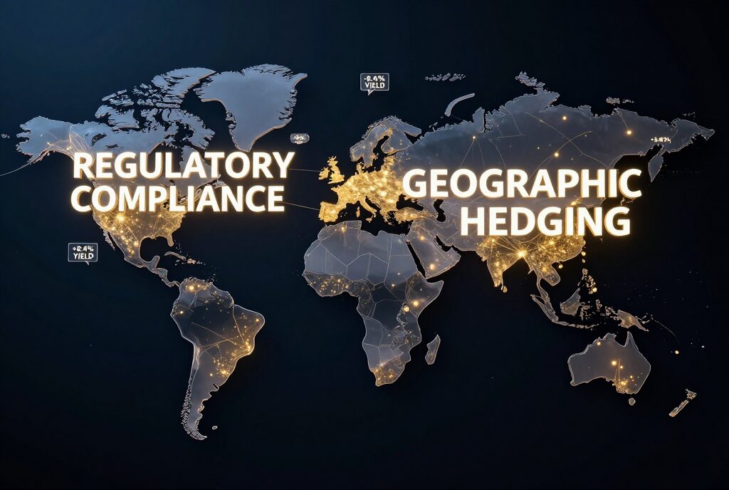3D digital world map with glowing liquidity lines and labels for regulatory compliance and geographic hedging.