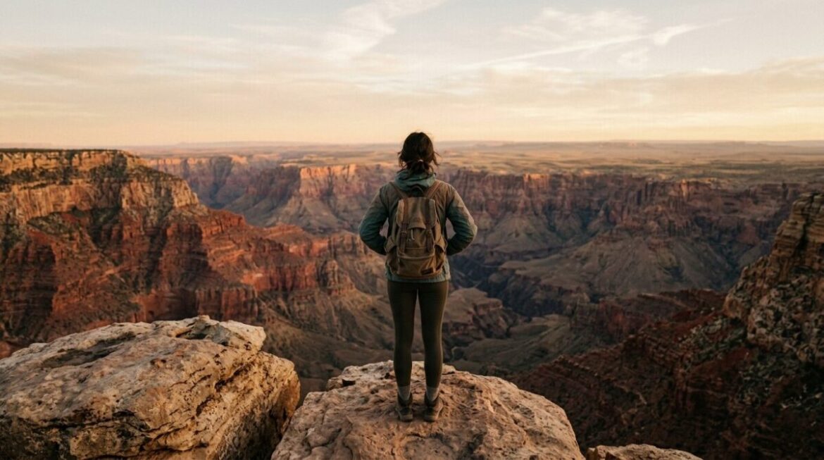 A solitary hiker stands on a remote overlook at the Grand Canyon during sunset, looking out at the massive geological formation. The image visualizes the small-self effect and the neurobiology of wonder inherent in the science of awe.