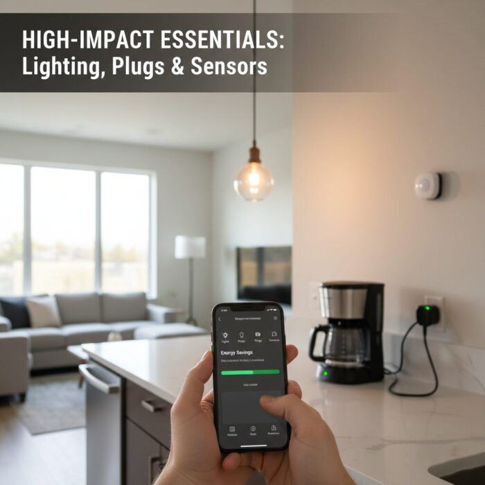 A first-person view of someone using a smartphone app to control home energy settings. The app screen shows energy savings, while in the background, a smart plug connected to a coffee maker and a small motion sensor on the wall illustrate key smart home essentials.