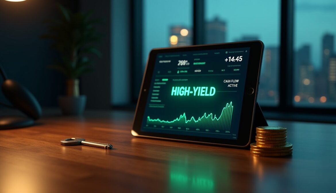 A digital wealth management dashboard on a tablet showing high-yield investment data and cash flow graphs on a dark mahogany desk.