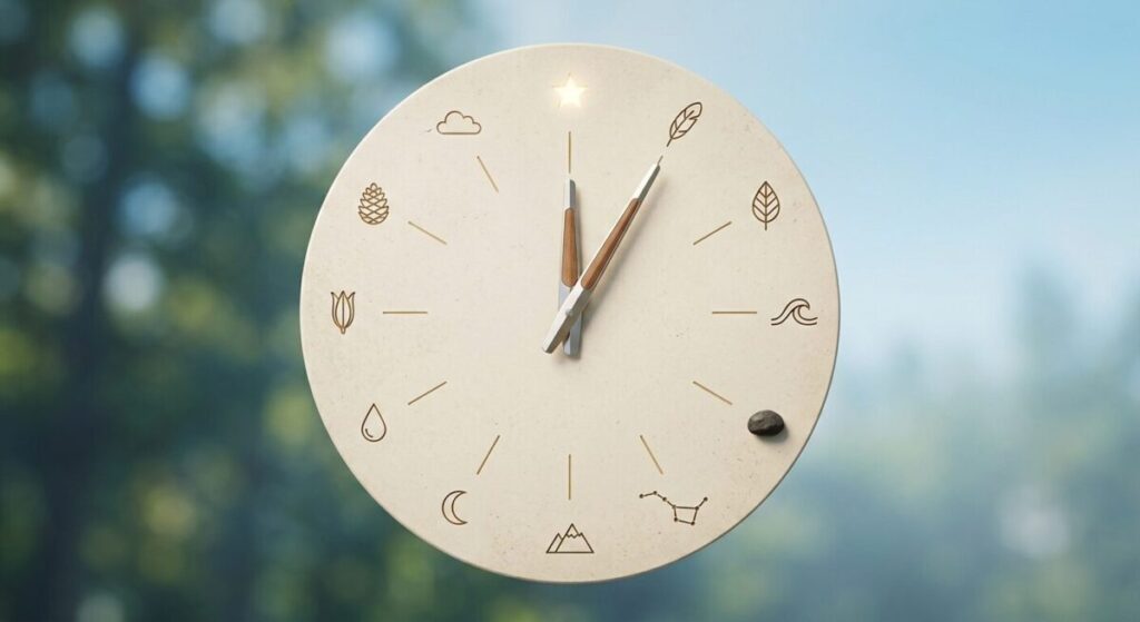 A wide-angle, cinematic 16:9 minimalist visual visualization of a clock face where traditional numbers are replaced by subtle, geometric representations of nature elements. A single, stylized clock hand, rendered in polished metal and wood, points towards the 12 o'clock position, marked by a small, glowing star. Other positions feature icons of a feather, a leaf, a wave, a stone, a constellation, and a tree silhouette, emphasizing the concept of natural rhythms. The clock has a subtle, cream-colored concrete texture, bathed in soft, natural light, conveying a sense of timeless peace and intentional, deep work.