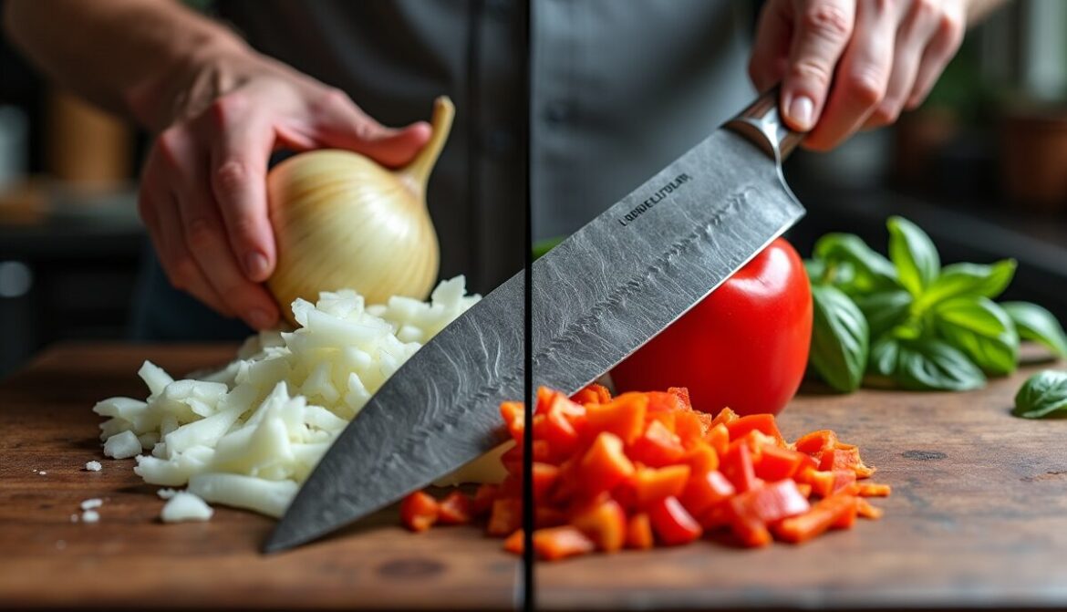 A split image comparison showing messy, uneven vegetable hacking with a dull knife on the left, and professional, uniform precision chopping using proper grips on the right.