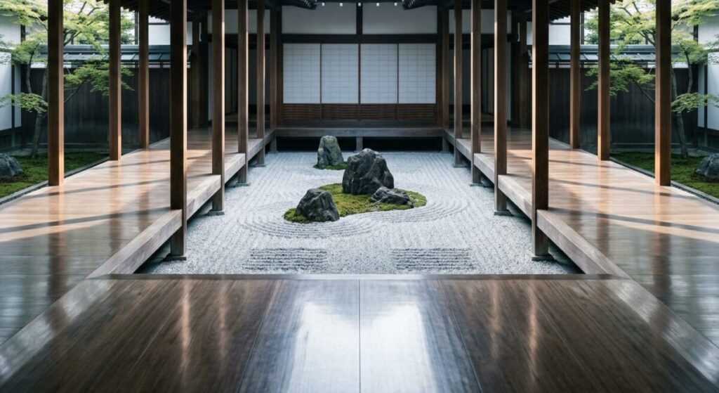 A wide-angle, cinematic 16:9 view from inside a traditional Japanese temple in Kyoto, looking out over a minimalist Zen rock garden. Sunlight streams onto a flawlessly polished, dark wood floor, casting a geometric pattern of shadows. The perfectly raked gravel, moss, and stones emphasize the silent, tranquil, and perfectly symmetrical design.