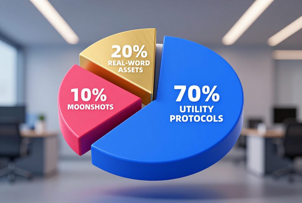 3D isometric pie chart showing a 70% Utility, 20% Real-World Assets, and 10% Moonshots investment strategy.