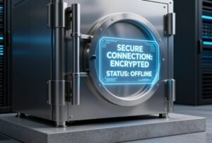 A high-tech stainless steel air-gapped vault representing secure cold storage for digital assets with holographic "Encrypted" status.