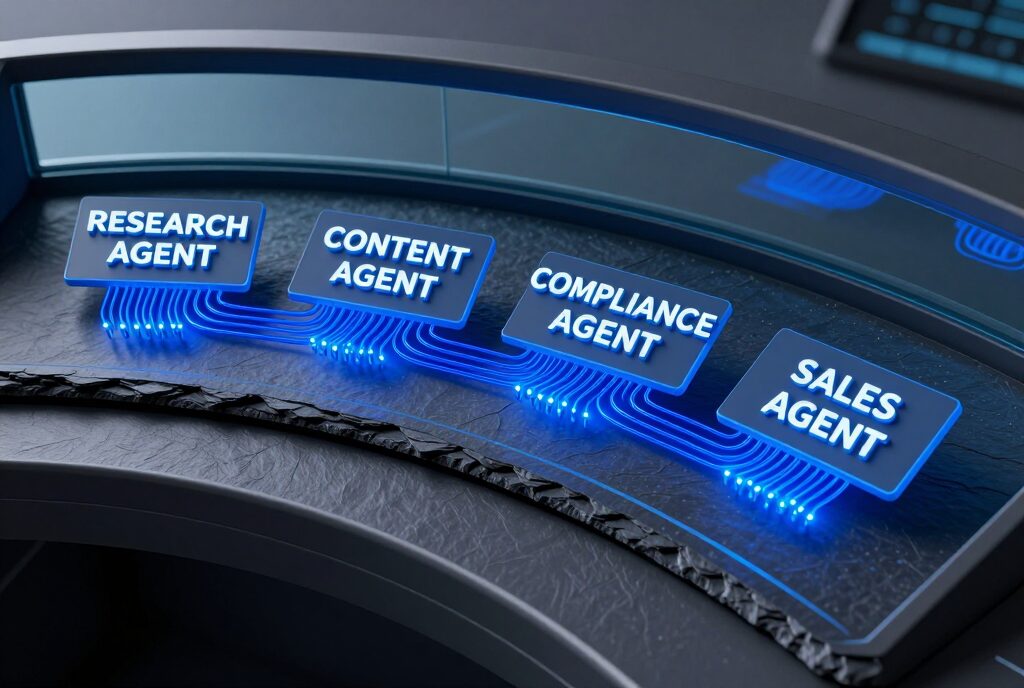 Professional 3D simplified dashboard flow chart with illuminated modules labeled RESEARCH AGENT, CONTENT AGENT, COMPLIANCE AGENT, and SALES AGENT.
