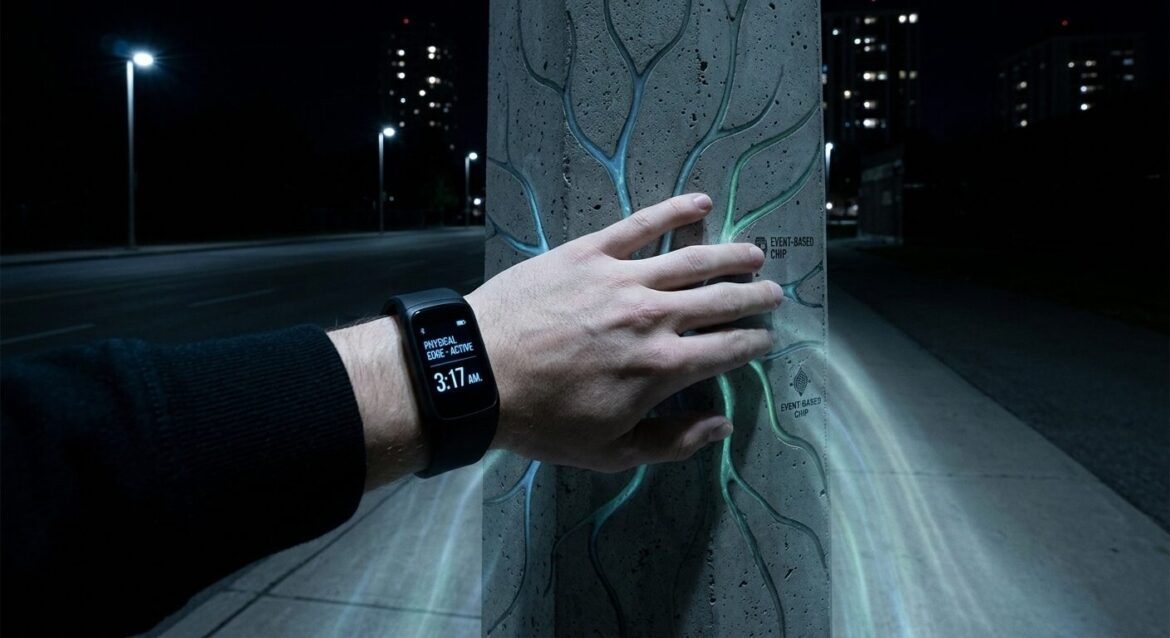A close-up, first-person photograph of a hand interacting with a glowing, brain-inspired concrete pylon in a low-energy neuromorphic city at night.