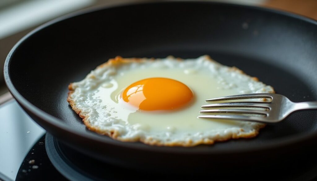 A fried egg sliding across the glass-smooth, obsidian-black patina of a seasoned cast iron skillet.