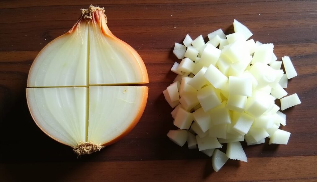 An overhead photo showing a sliced onion half with root intact next to a perfectly uniform pile of small diced onion on a dark wood board.