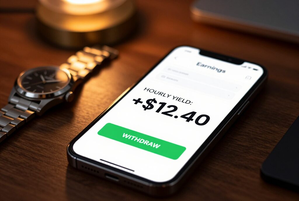 Smartphone screen showing a real-time crypto yield dashboard with hourly interest earnings and a withdraw button.