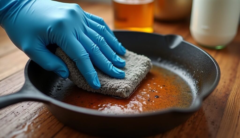 A hand in a blue glove scrubbing deep rust from a cast iron skillet with steel wool and water.