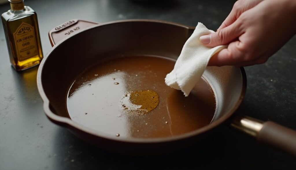 Buffing a thin layer of grapeseed oil into a warm cast iron skillet for polymerization.