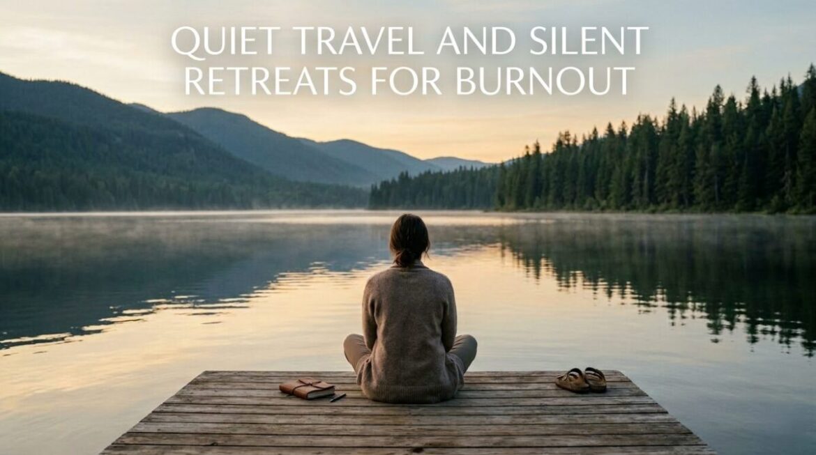 A wide-angle, serene photograph of a woman meditating in silence on a rustic wooden dock at dawn, overlooking a vast, misty mountain lake. Clear white text at the top reads: "QUIET TRAVEL AND SILENT RETREATS FOR BURNOUT".