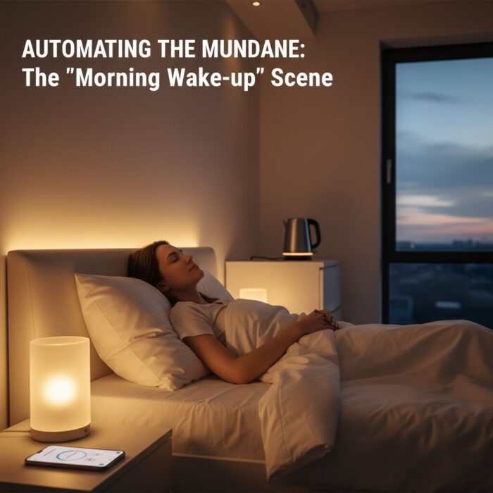 A peaceful bedroom scene during a simulated sunrise, showing a person sleeping while a smart bedside lamp glows with a soft, warm light and a nearby smart kettle prepares to heat water, illustrating a morning automation routine.