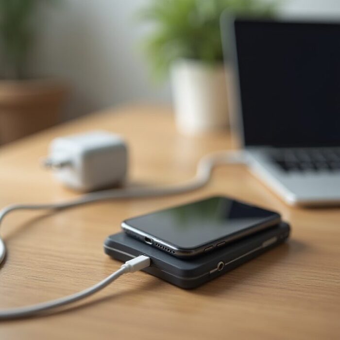 A smartphone plugged into a charger on a desk